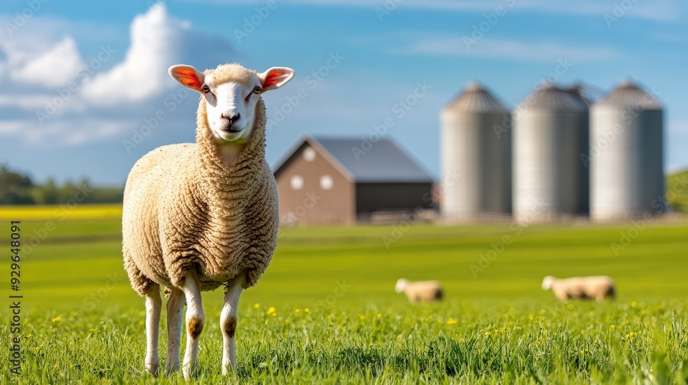 Poster a sheep stands in a field next to a large barn building. the sheep is the center of attention, and t