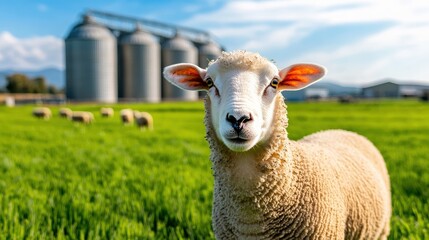 Obraz premium A sheep stands in a field next to a large barn building. The sheep is the center of attention, and the other sheep are scattered around it. Concept of peacefulness and simplicity