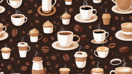 Seamless pattern with coffee cups, whipped cream, and coffee beans on dark background, cozy and modern cafe design