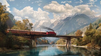 Red and yellow train crossing a bridge over a river in a scenic mountainous landscape. Snow-capped mountains and pine trees create a picturesque backdrop for the train journey. Generative by AI
