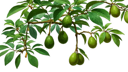 Several green avocados hang from branches with leaves.

