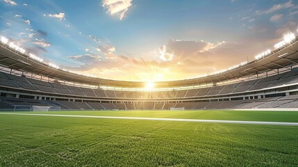 Empty outdoor sports stadium with green field and running track. Sunny day at a modern athletics venue Generative by AI