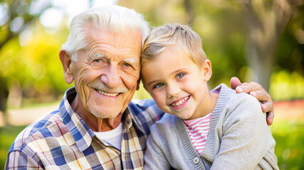 Happy Grandfather and Grandson Together Outdoors.