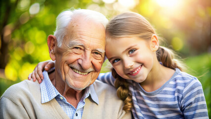 Fototapeta premium Happy Grandfather and Granddaughter Outdoors.