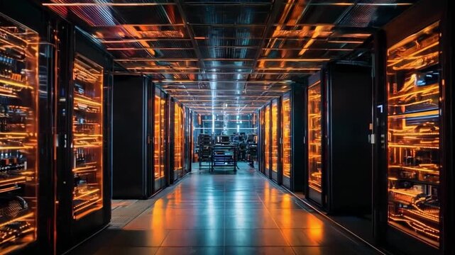 Immense red computational energy an expansive supercomputing facility housing rows upon rows of massive servers, control and regulate the vast expanse of the internet. Generative AI