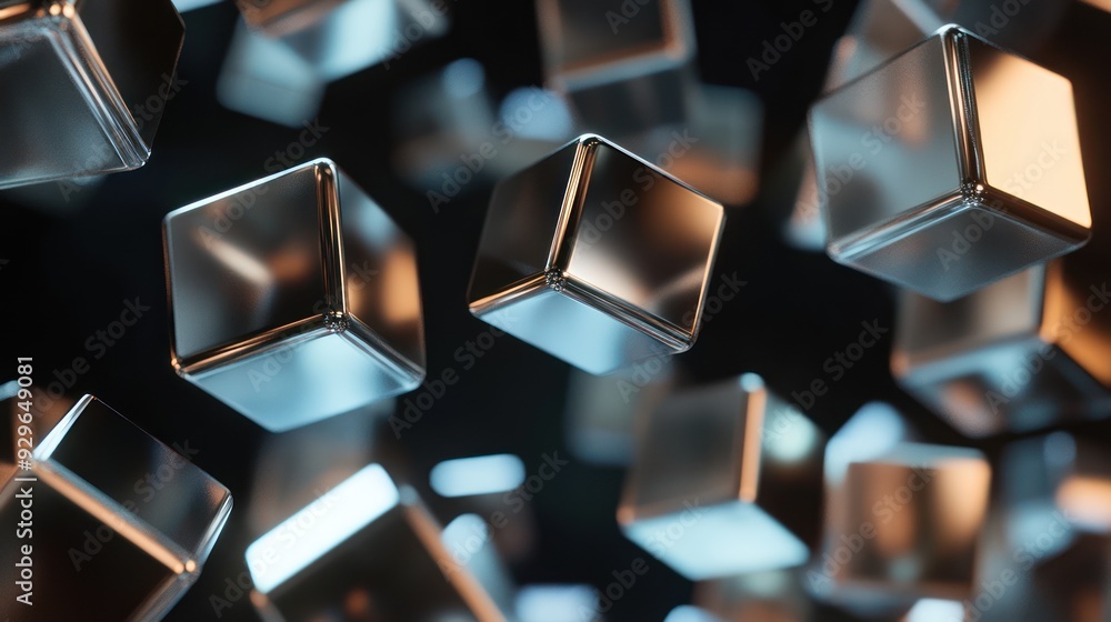 Poster abstract 3d rendering of metallic cubes in motion