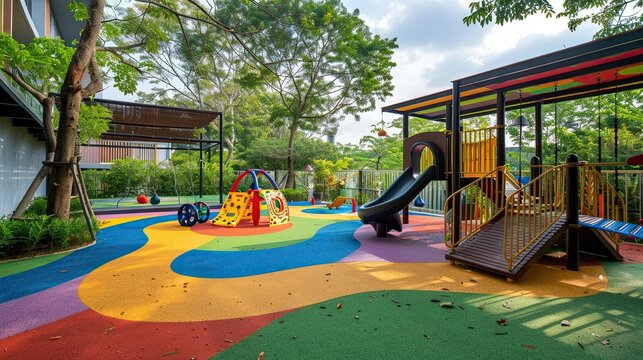 Colorful playground in front of a modern building with a checkered rubber floor. Bright and vibrant outdoor play area with various playground equipment and colorful walls. Generative by AI