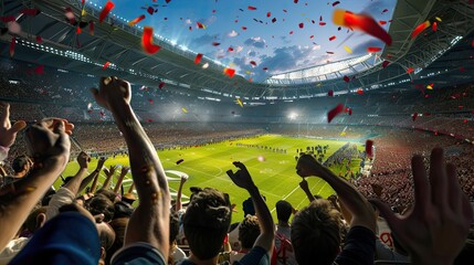 Crowded stadium with cheering fans during a sports event. Large outdoor arena filled with spectators and bright lights. Generative by AI