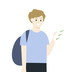 Student boy hand holding excellent exam test paper form. Teen feeling happy with high score result. Education, learning, evaluation concept. Flat vector character design illustration.