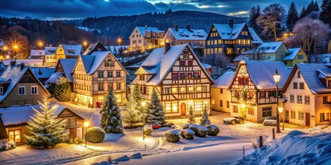 Fototapeta premium Illuminated houses in Seiffen at Christmastime, depicting a festive holiday scene , Saxony, Germany, illuminated