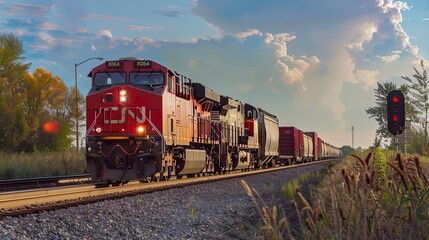 Fototapeta premium Freight train traveling across a vast, barren landscape under a dramatic, cloudy sky. The train is moving along straight railway tracks. Generative by AI