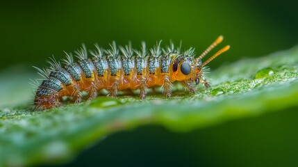 Fototapeta premium A Colorful Caterpillar on a Green Leaf.