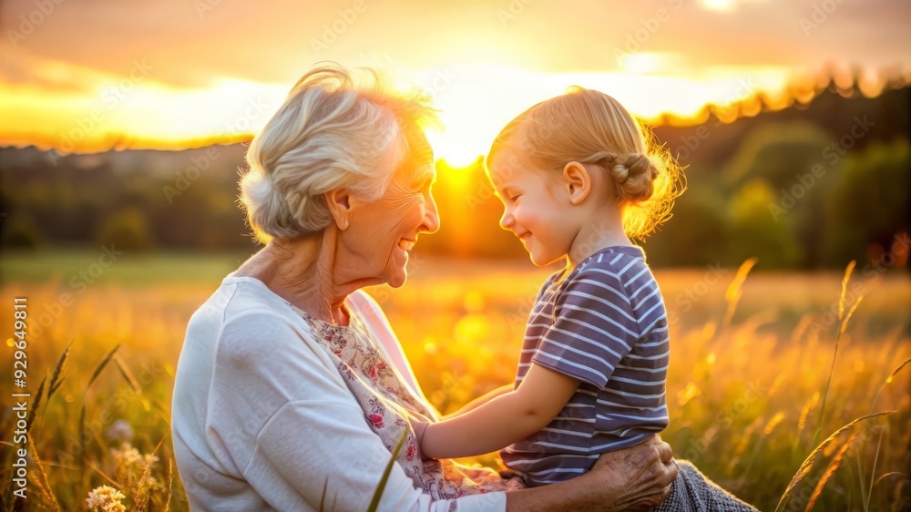 Wall mural grandmother and grandchild sharing a moment at sunset.