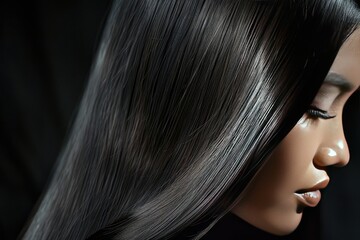 Naklejka premium Luxurious, raven black hair styled in sleek, straight lines, with a high-contrast background offering copyspace, showcasing the smooth texture and shine of the hair,