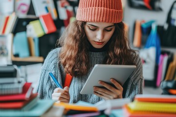 A student browsing online for school supplies, comparing prices and making a list of essentials for the upcoming semester
