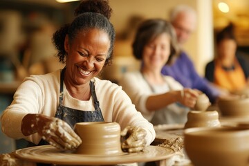 A diverse group of adults in a pottery class, shaping clay on their wheels, as they learn new skills from the instructor