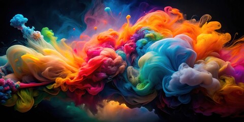 Swirling liquid cloud of colorful paint with triple exposure photography style drips , vibrant, striking, cinematic, powerful
