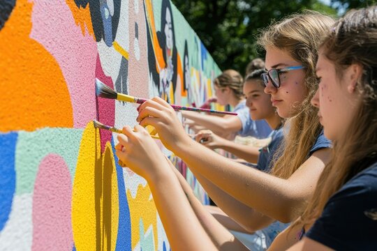 Students engaged in a group art project at an outdoor workshop, painting a mural together and expressing their creativity as a team
