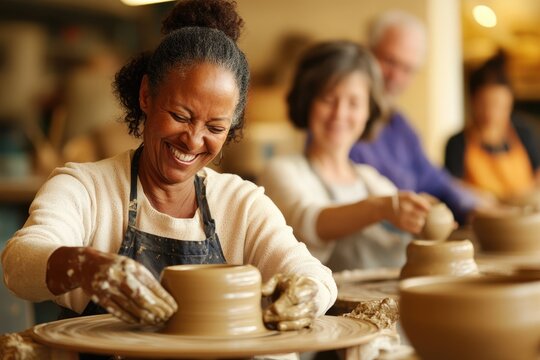 A diverse group of adults in a pottery class, shaping clay on their wheels, as they learn new skills from the instructor - Powered by Adobe