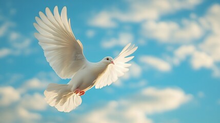 Fototapeta premium A white dove in flight against a blue sky with clouds, symbolizing peace and freedom.