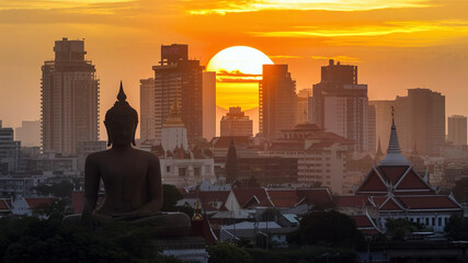 Fototapeta premium Silhouette of a large Buddha statue in the heart of Bangkok during sunset.