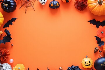 Flat lay of Halloween decorations on an orange background, featuring a blank space in the center for text, great for designing greeting cards or party invites
