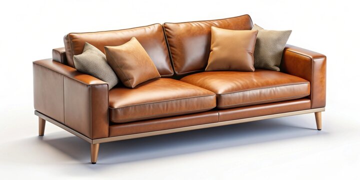 Isometric leather soft sofa mockup with pillows in a living room setting , sofa, leather, soft, living room, isometric