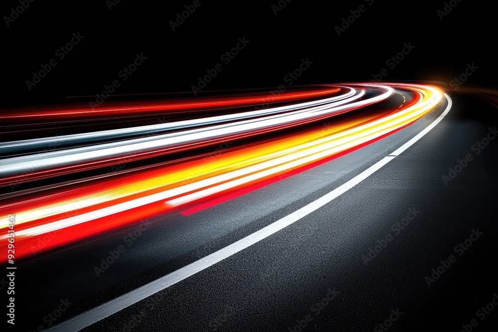 Poster a dynamic capture of light trails on a dark road, showcasing movement and speed in a vibrant, abstra
