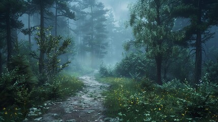 Obraz premium Foggy Forest Background: Enigmatic forest draped in misty fog, towering trees, and a trail fading into the haze, setting a mysterious and tranquil mood.