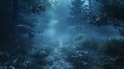 Obraz premium Foggy Forest Background: Enigmatic forest draped in misty fog, towering trees, and a trail fading into the haze, setting a mysterious and tranquil mood.