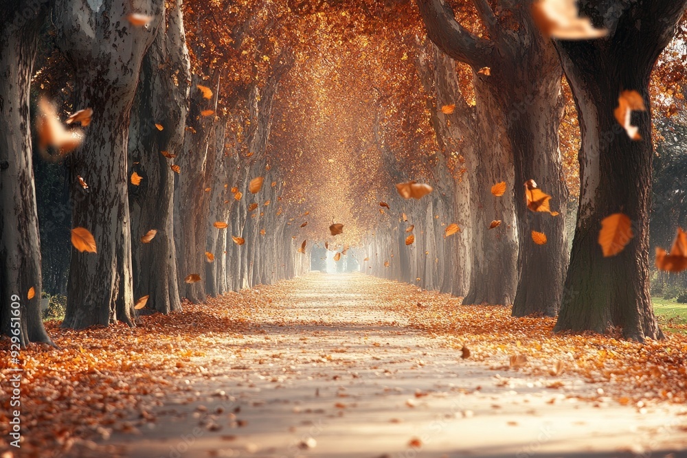 Poster a serene autumn pathway lined with trees and falling leaves, creating a magical and peaceful atmosph