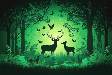 A serene forest scene featuring silhouettes of deer and birds amidst lush green foliage, evoking tranquility and nature's beauty.