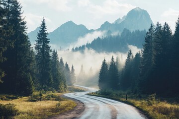 A serene landscape featuring a winding road amidst lush trees and misty mountains, inviting adventure and tranquility.