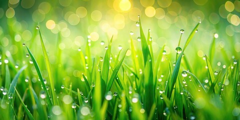 Fototapeta premium Vibrant green grass background with dew drops, grass, green, nature, outdoors, fresh, texture, spring, meadow, field