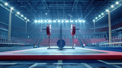 Barbell placed on a weightlifting platform in an empty sports arena. Equipment ready for powerlifting or weightlifting competition. Indoor athletic facility with stadium seating. Generative by AI