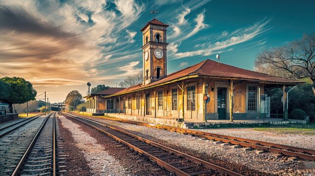 Vintage railway station with clock tower and empty platforms. Surrounded by lush greenery under a cloudy sky. Historical architecture and transportation hub. Generative by AI