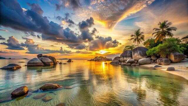 Scenic view of sunset at Tanjung Tinggi Beach in Belitung, Indonesia, sunset, Tanjung Tinggi, Belitung, Indonesia