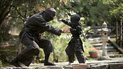 Fototapeta premium Samurai and a child in a sword fight on a traditional Japanese street during the rain. Pagoda and wooden buildings in the background. Intense duel in an old town setting. Generative by AI