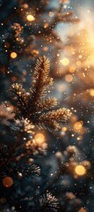 spruce tree covered with golden snowflakes on a gold and black background