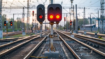 Railway workers in orange uniforms inspecting tracks at a busy train station. Maintenance work on railroad tracks. Generative by AI