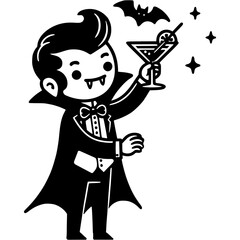 Fototapeta premium Vampire at Halloween party holds glass of alcohol in monochrome. Simple minimalistic vector in black ink drawing on transparent background