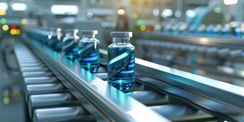 Obraz premium industrial production line in factory. Technology machinery for liquid bottle manufacturing