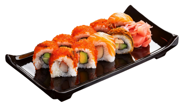Assorted Sushi on a Wooden Tray on transparent background