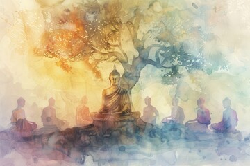 A serene watercolor artwork of Buddha's teachings under the Bodhi tree, painted in fade and pale tones to illustrate the wisdom and compassion at the heart of Buddhism