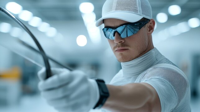 A focused athlete in a futuristic outfit, preparing for a precision task with high-tech equipment in a sterile environment.