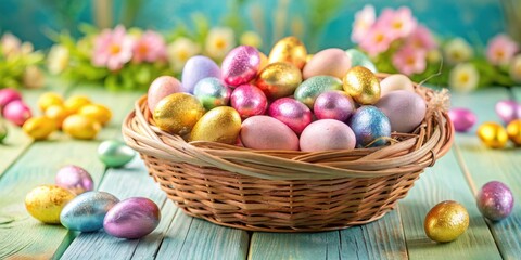 Pastel colored chocolate eggs in a basket with Easter decorations, Easter, holiday, season, sweet, candy, chocolate, pastel