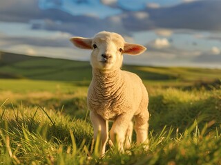 Fototapeta premium A young lamb standing in a grassy field
