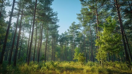 Obraz premium Paint a peaceful forest glade with sunlight filtering through the canopy of trees