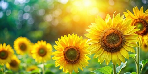 Fototapeta premium Vibrant yellow sunflowers against a blurred background of green leaves, fresh, yellow, flower, background, nature, vibrant, sunflower