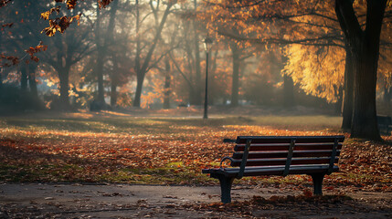 A bench sits in a park with trees in the background